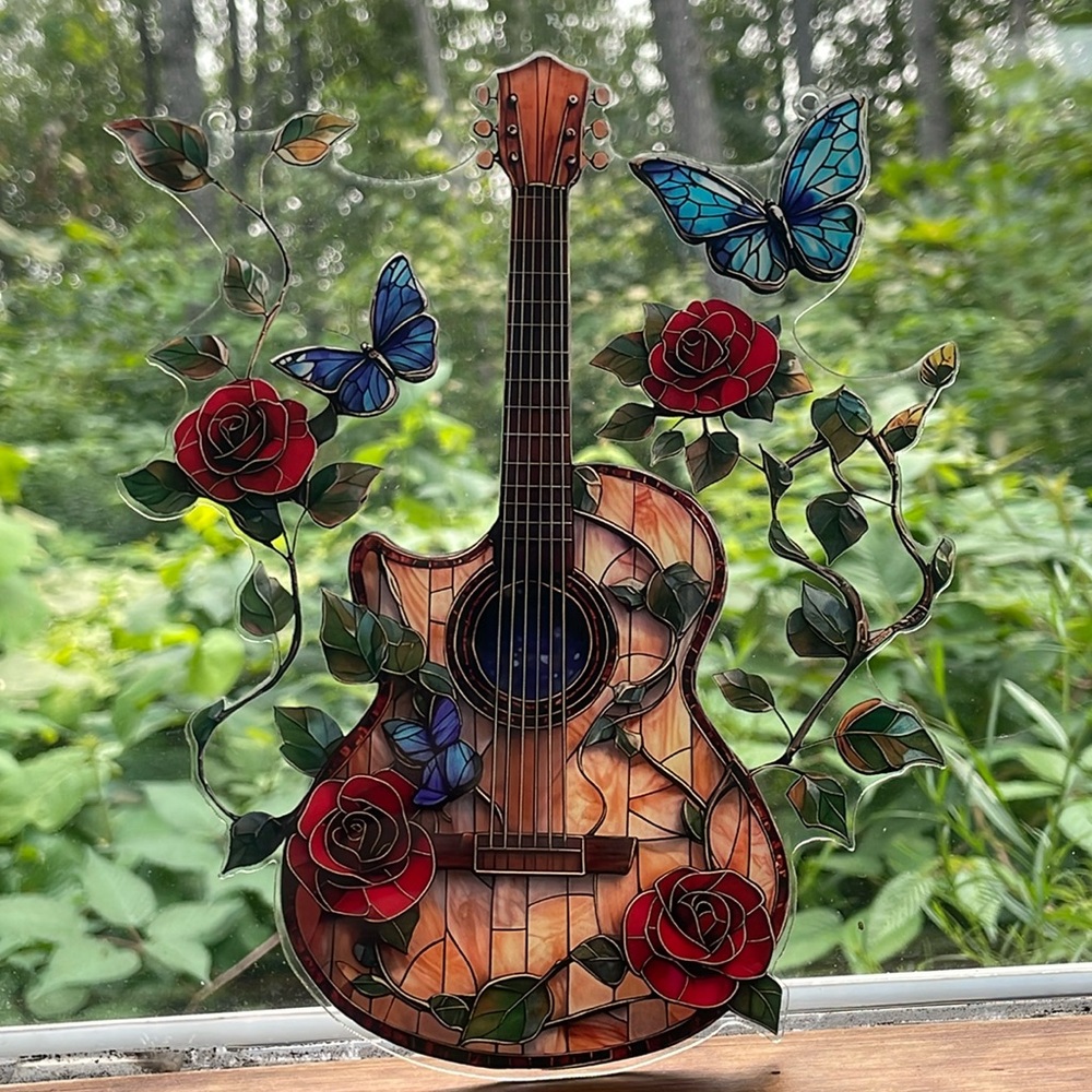 Suncatcher Acrylic Guitar Blue Butterfly Decoration Hanging Ornament Gift New